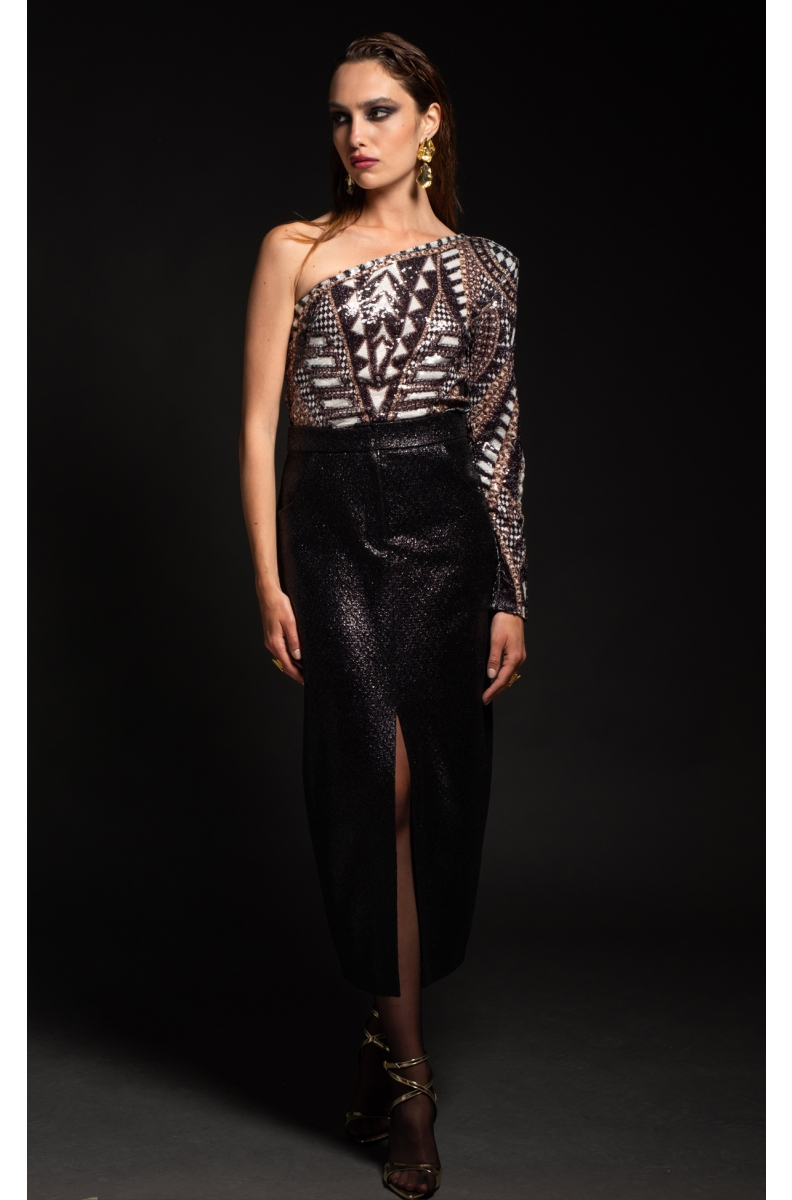 LIQUID SLIT SKIRT - Patent croco effect