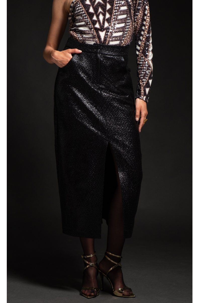 LIQUID SLIT SKIRT - Patent croco effect