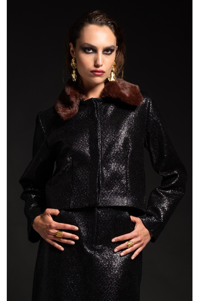 LIQUID ΤΖΑΚΕΤ - Patent croco effect, Eco-Fur Collar