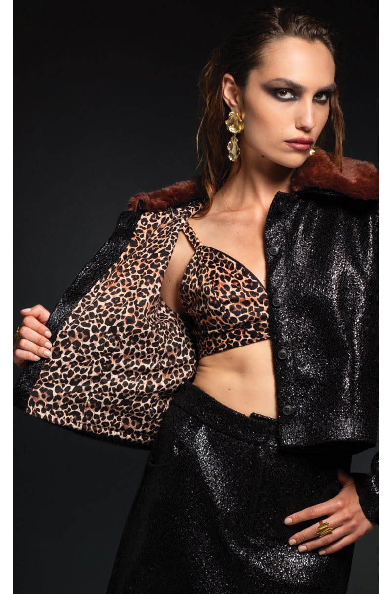 LIQUID ΤΖΑΚΕΤ - Patent croco effect, Eco-Fur Collar