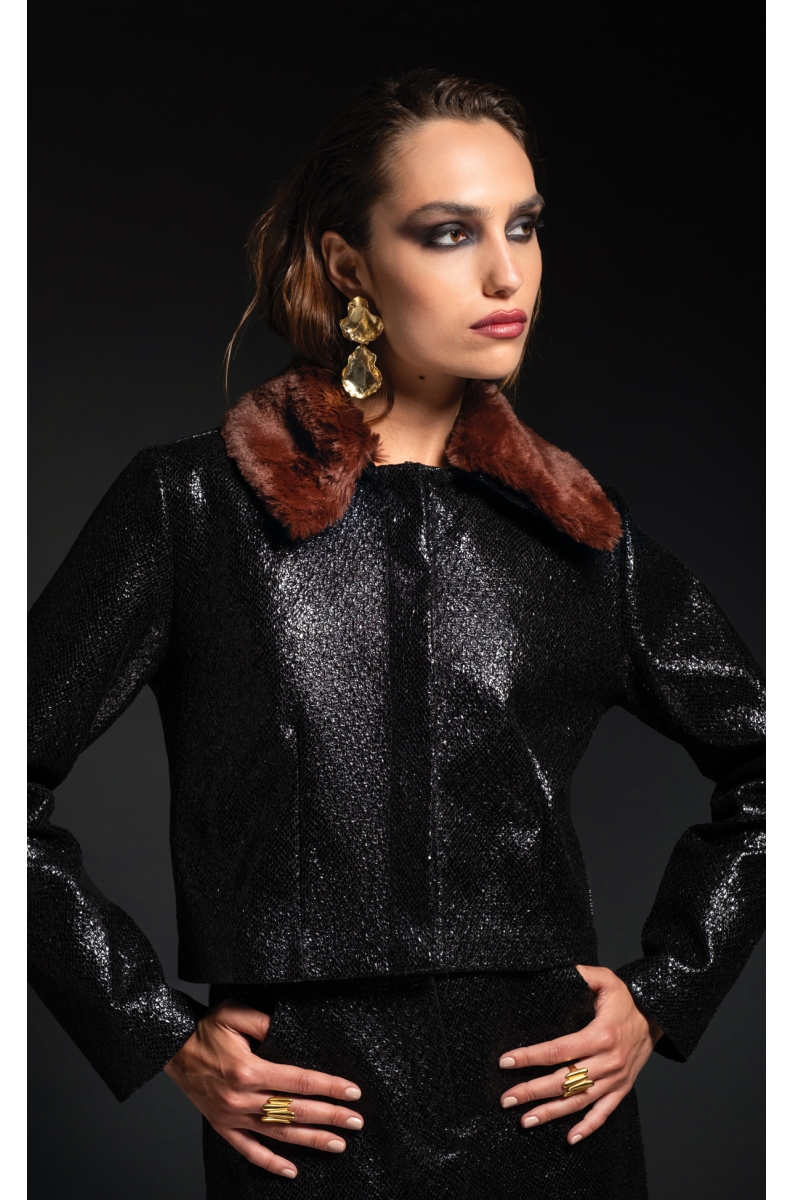 LIQUID ΤΖΑΚΕΤ - Patent croco effect, Eco-Fur Collar