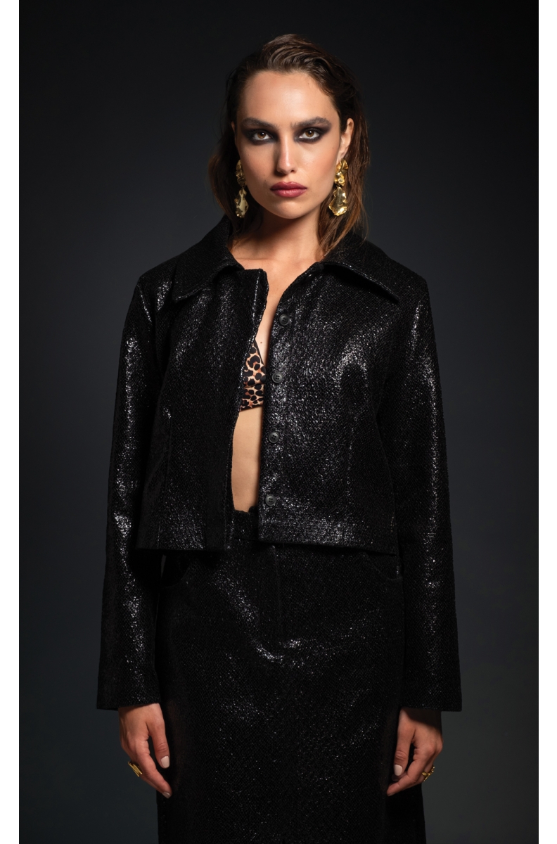 LIQUID ΤΖΑΚΕΤ - Patent croco effect, Eco-Fur Collar