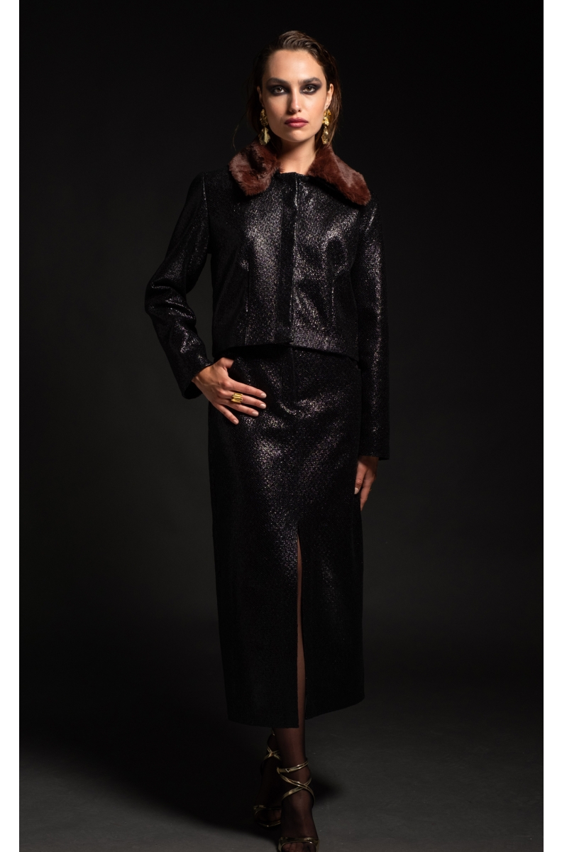 LIQUID ΤΖΑΚΕΤ - Patent croco effect, Eco-Fur Collar