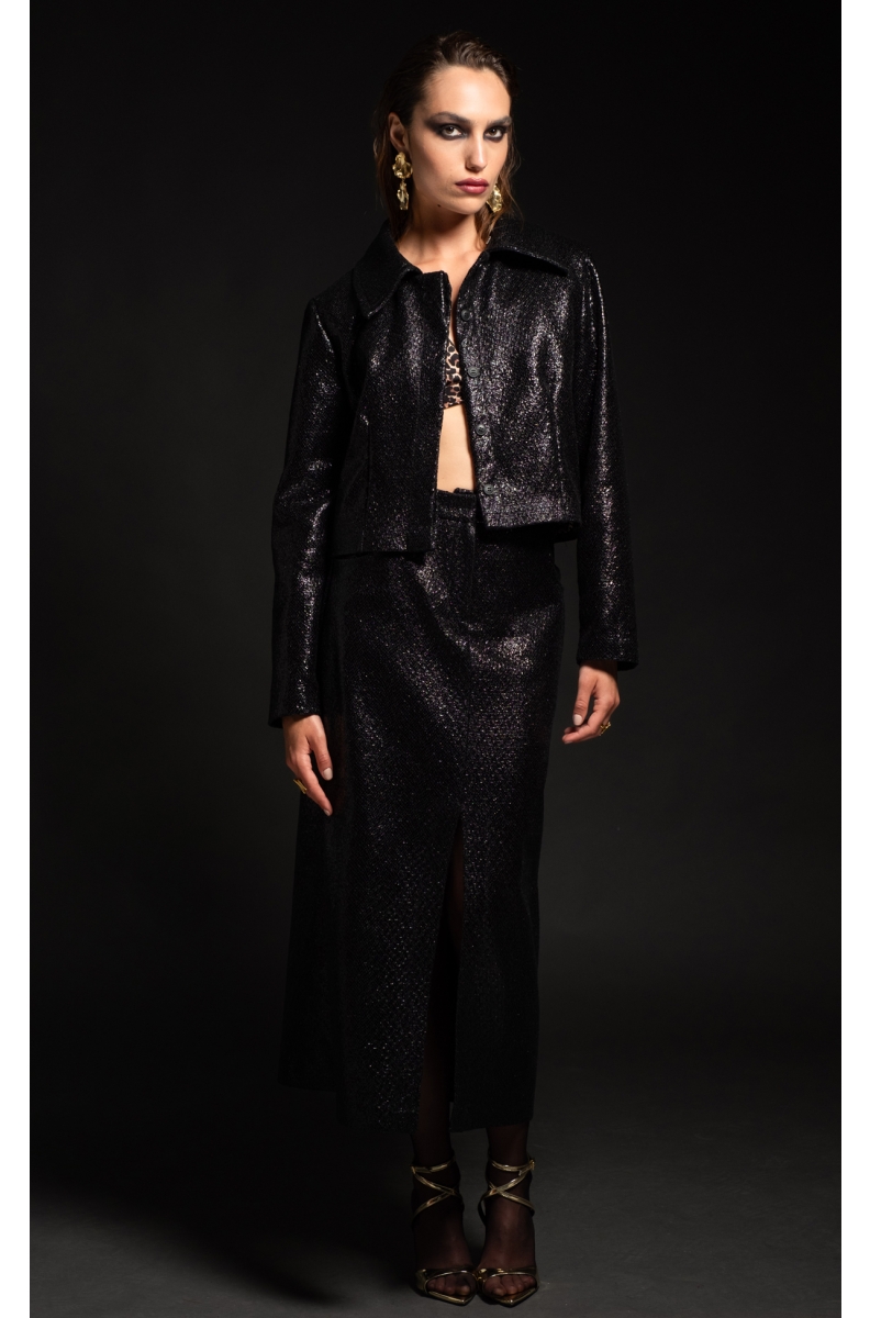 LIQUID ΤΖΑΚΕΤ - Patent croco effect, Eco-Fur Collar